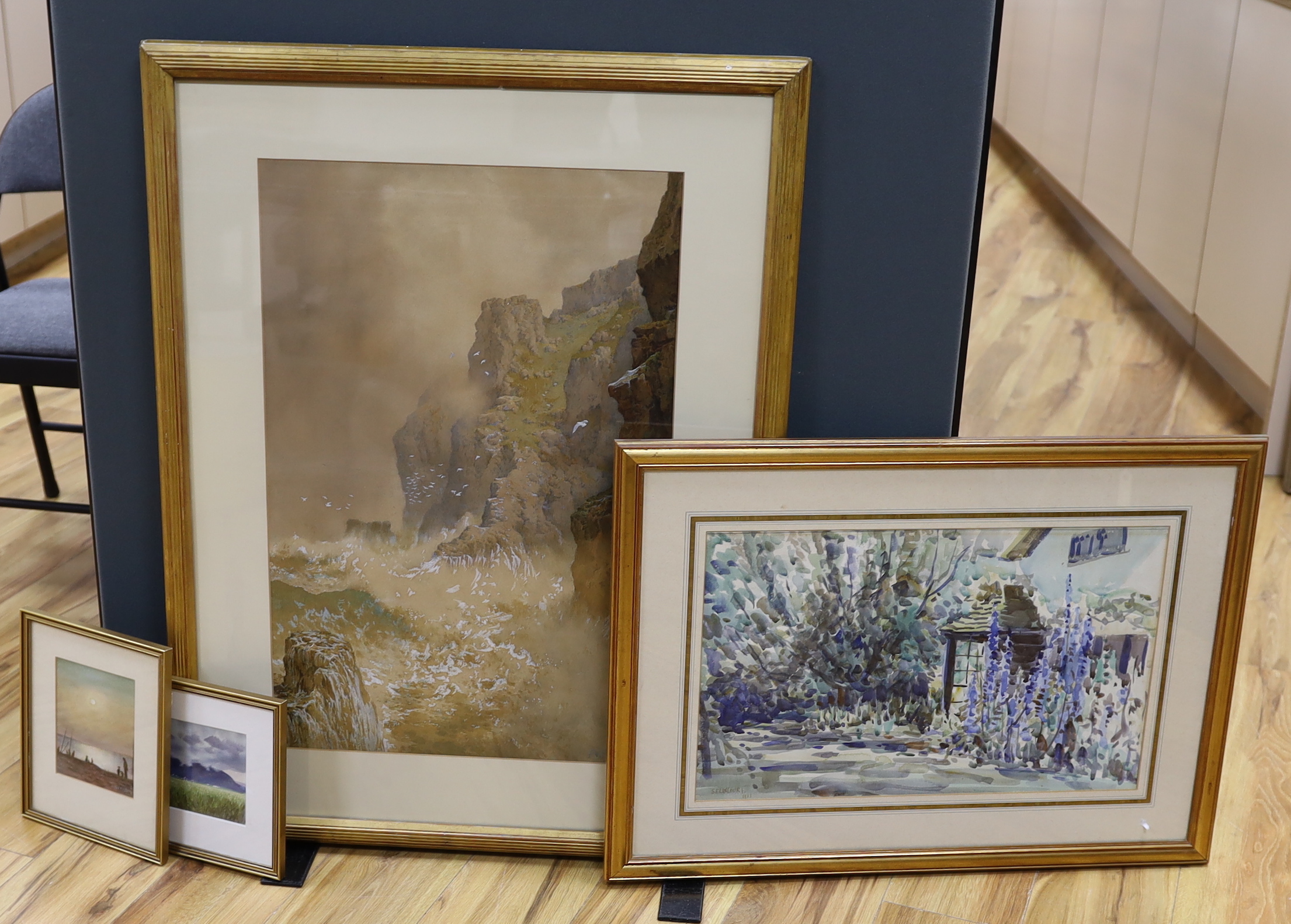 Clifford John Bayly (1927-1978), two watercolours, Evening study and Queensland weather study, each signed, Bankside Gallery labels verso, Arthur Suker (1857-1902), heightened watercolour, Rocky coastal scene, signed and